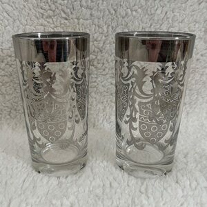 Vintage Set Of 2 MCM Kimiko Silver Knight Shield Highball Tumbler Glass Barware